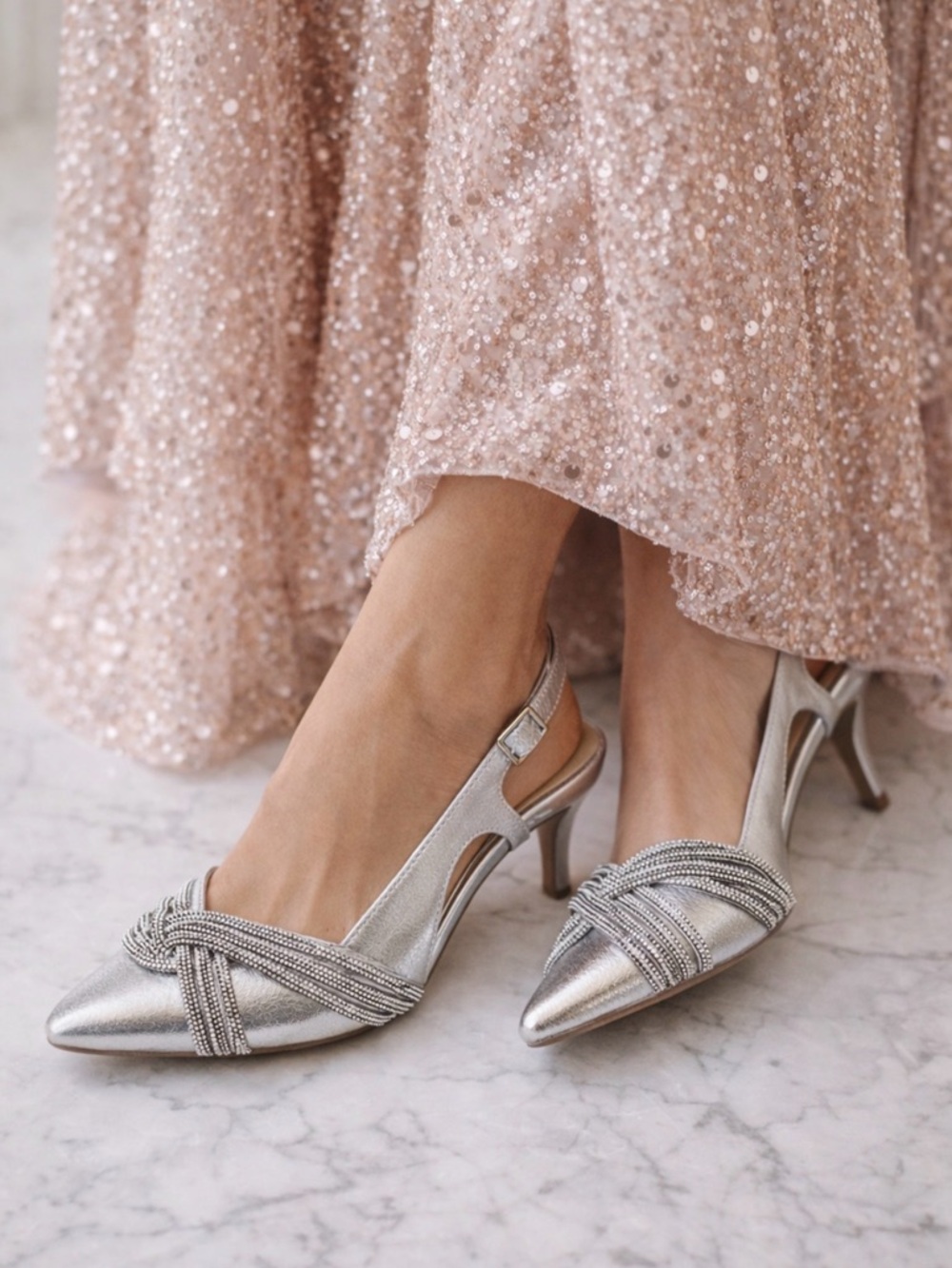 LifeStride Social Event Slingback Silver Dress Pumps